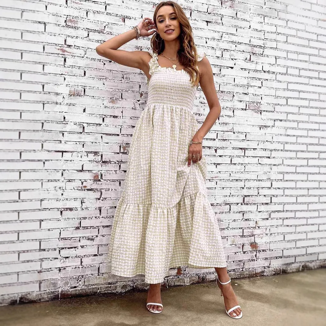 Womens A-Line Dress  Smocked Bodice  Spaghetti Straps  Tiered Maxi  Checkered