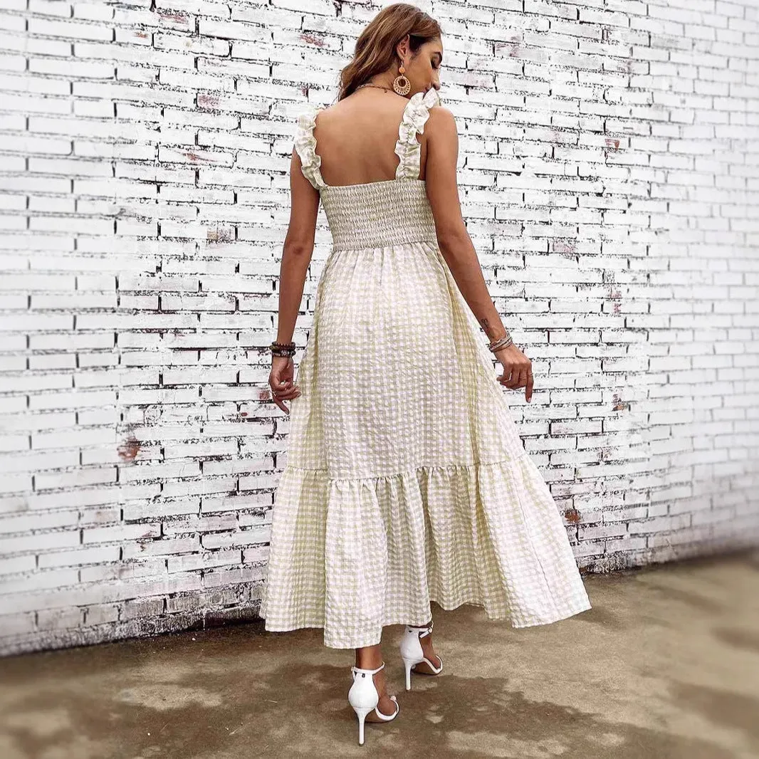 Womens A-Line Dress  Smocked Bodice  Spaghetti Straps  Tiered Maxi  Checkered