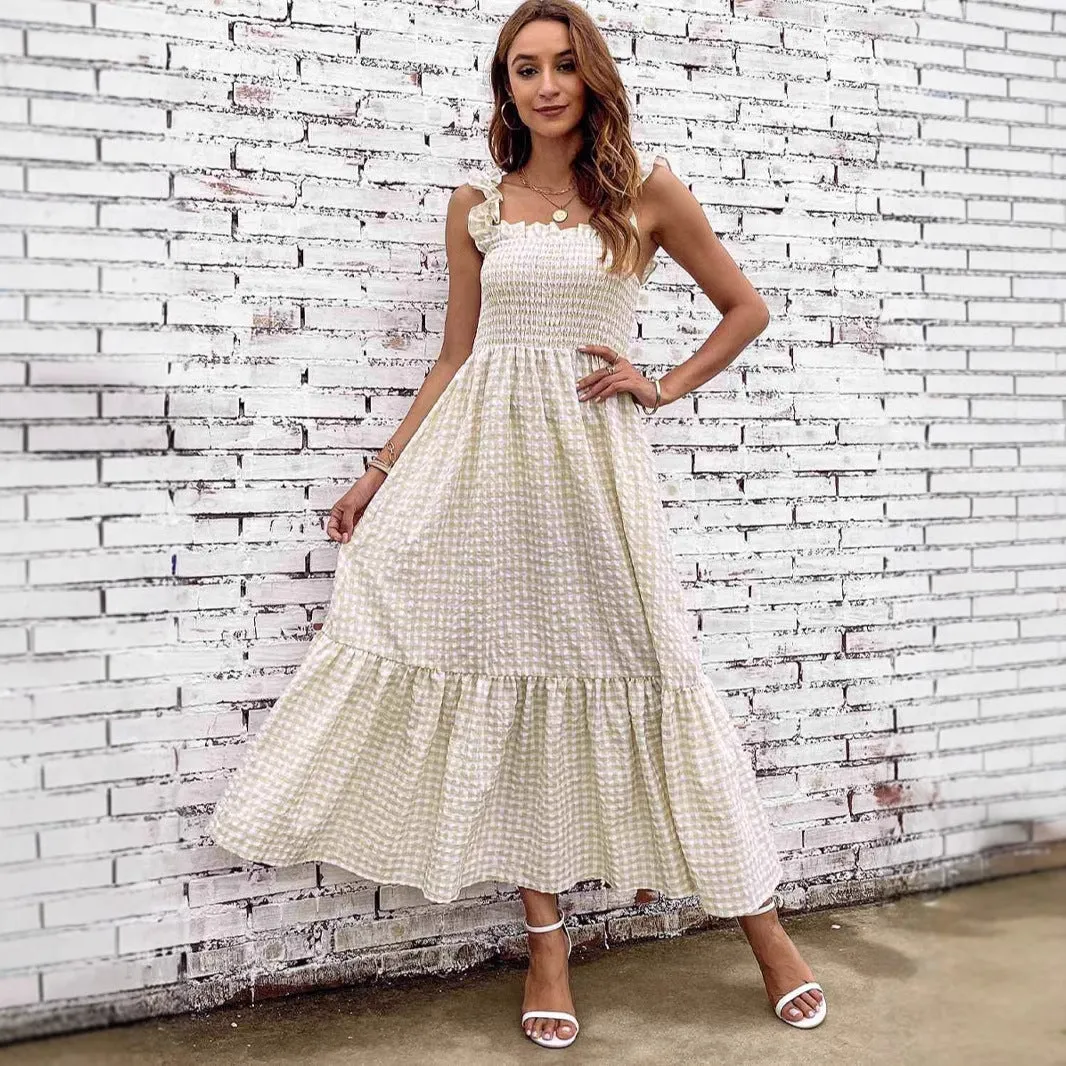 Womens A-Line Dress  Smocked Bodice  Spaghetti Straps  Tiered Maxi  Checkered