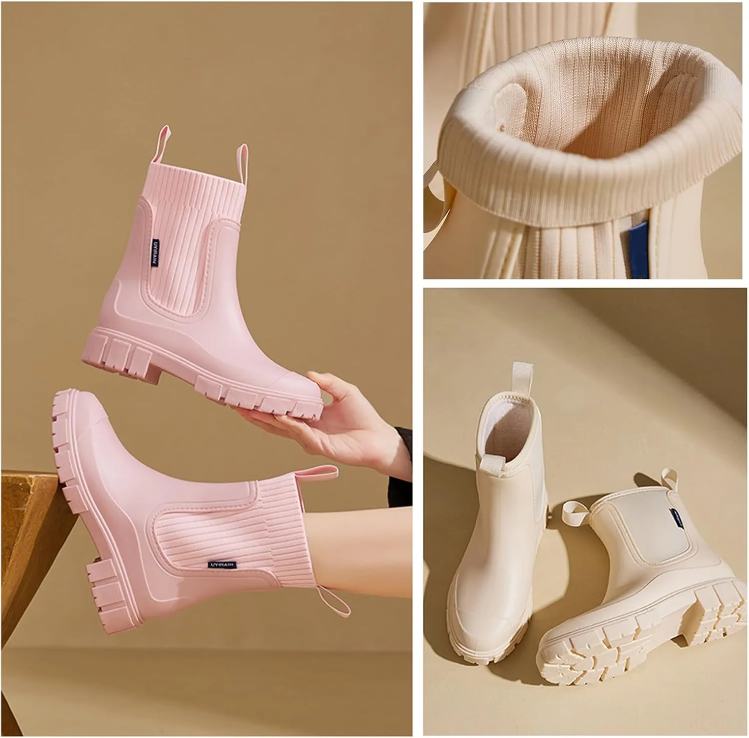 Women's Solid Color Waterproof Rain Boots, Waterproof Non-Slip Thick Sole Boots, Lightweight Stylish Ankle Shoes