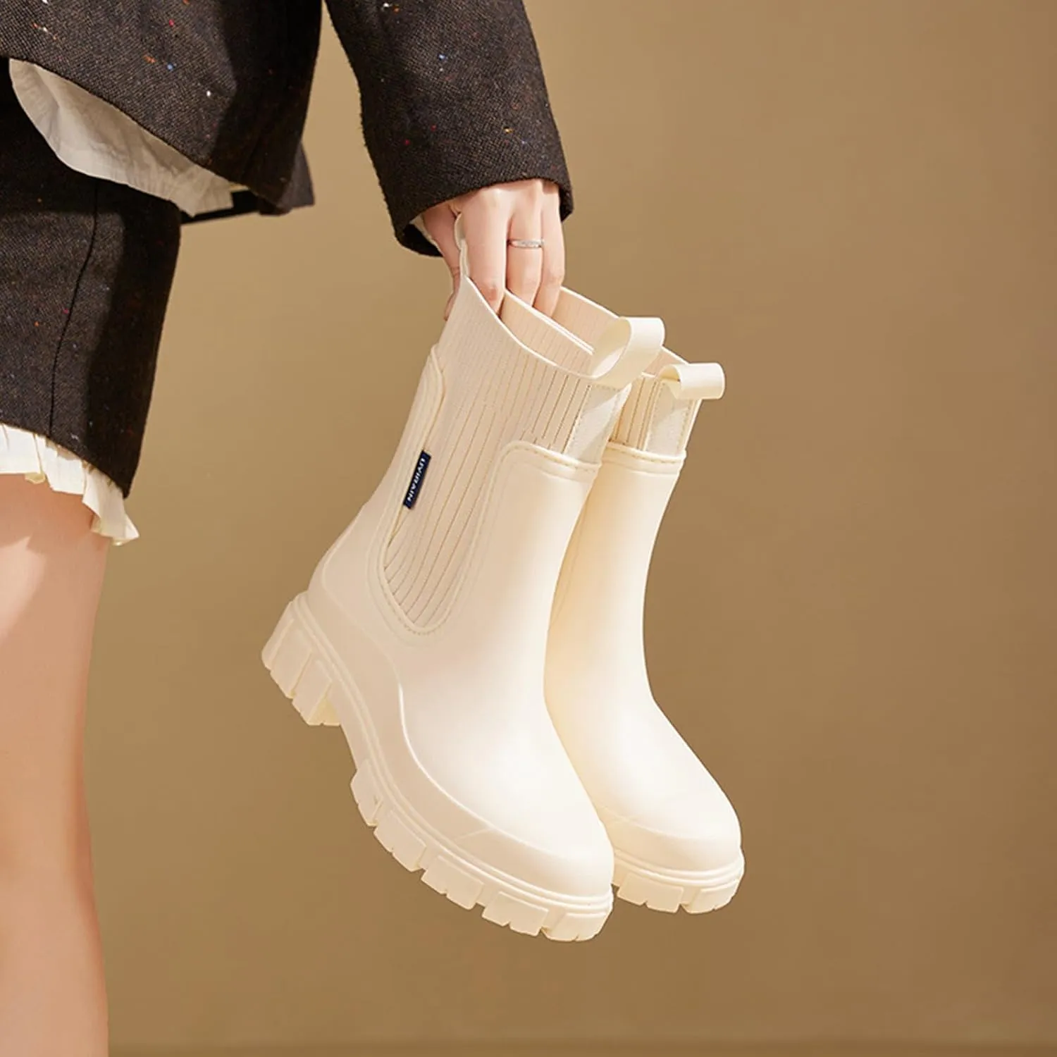 Women's Solid Color Waterproof Rain Boots, Waterproof Non-Slip Thick Sole Boots, Lightweight Stylish Ankle Shoes