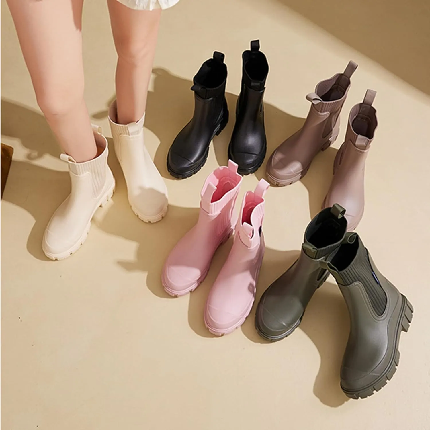 Women's Solid Color Waterproof Rain Boots, Waterproof Non-Slip Thick Sole Boots, Lightweight Stylish Ankle Shoes
