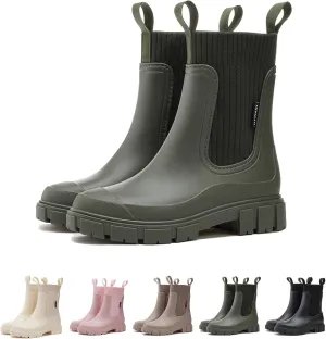 Women's Solid Color Waterproof Rain Boots, Waterproof Non-Slip Thick Sole Boots, Lightweight Stylish Ankle Shoes