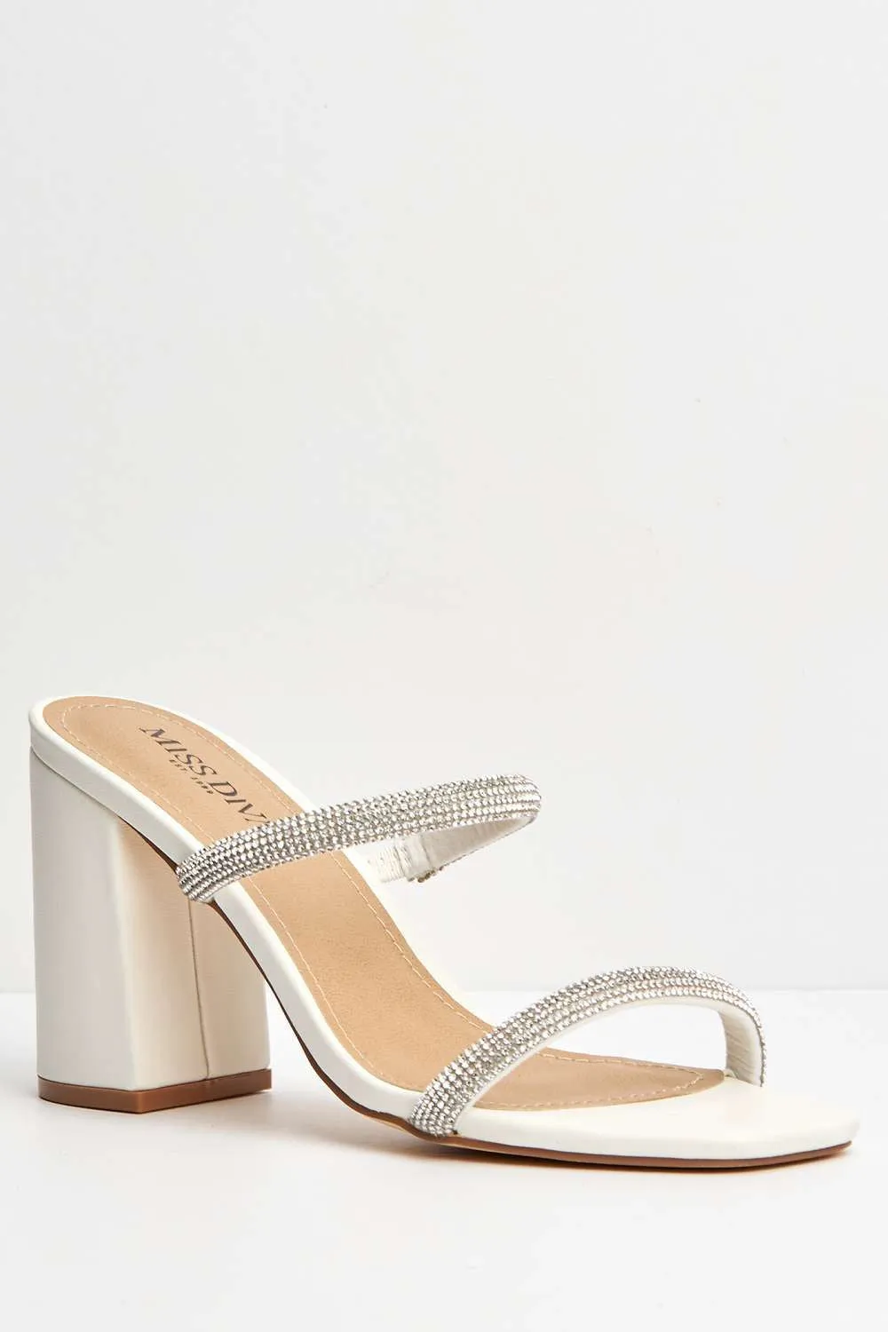 Zayah Diamante Straps Block Heel Mule in White Matt