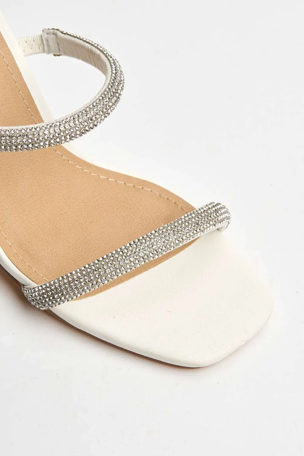 Zayah Diamante Straps Block Heel Mule in White Matt